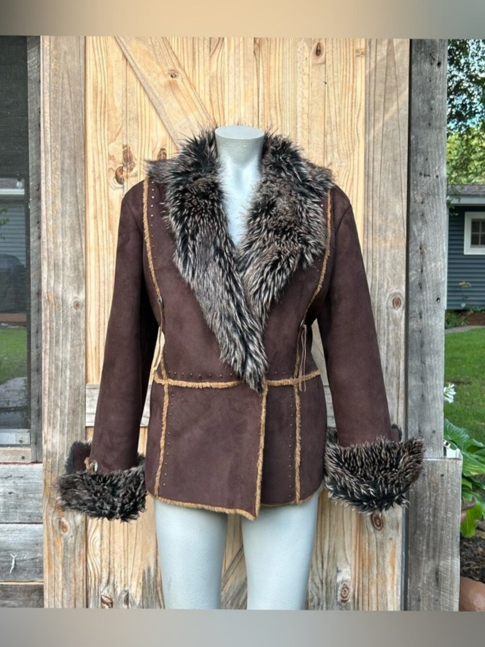 Vintage Y2K Brown Boho Concho Stud Fringe Faux Suede Faux Fur Penny Lane Coat